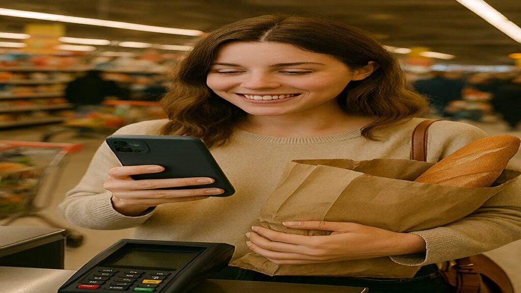 Mulher sorridente segura celular e sacola de compras em supermercado movimentado, e informando seus gastos em assistentes financeiros